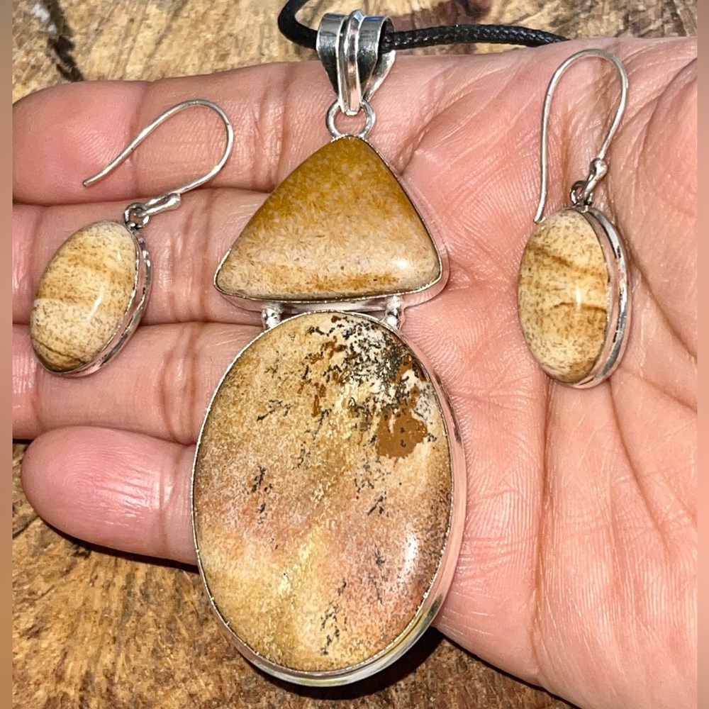 Large Picture Jasper Pendant & Earrings Set
